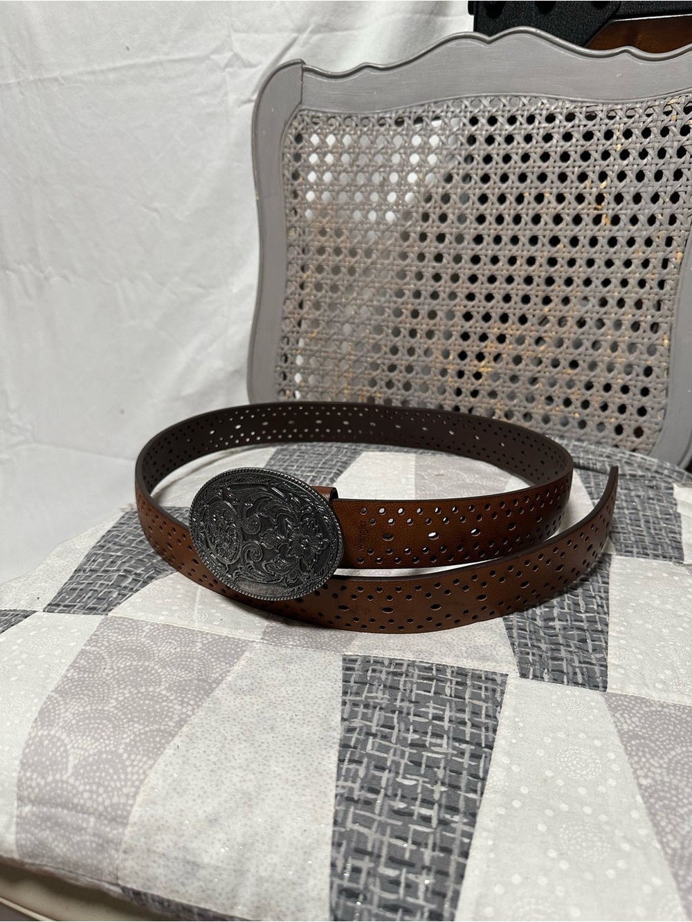 Wrangler Brown Perforated Leather Belt with Ornate Silver Buckle